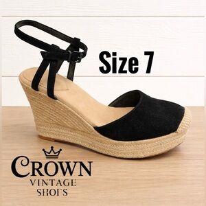 👠💙🔥 Crown Vintage Black Espadrille Wedge Sandals Size 7 NWOB Ankle Strap Summer